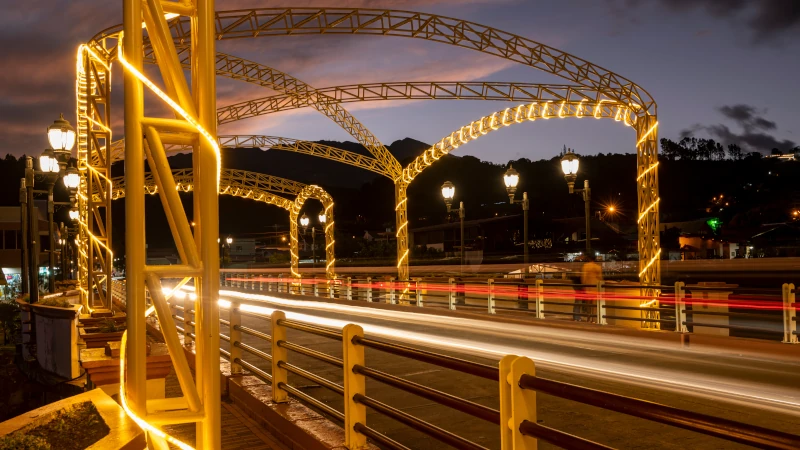 Dusk at bridge across the Caldera river running through the center of Boquete, Chiriqui highlands, Panama, Central America.