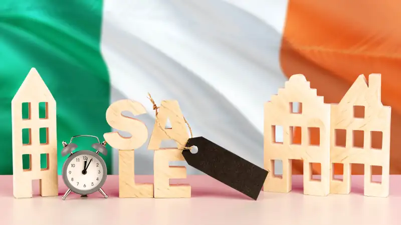 Wooden house model with discount tag on national flag background