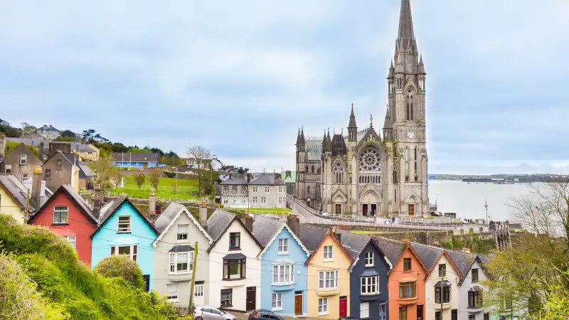 Cathedral and colored houses in Cobh, Ireland