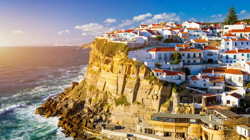 Azenhas do Mar is a seaside town in the municipality of Sintra, Portugal. Close to Lisboa. Azenhas do Mar white village, cliff and ocean, Sintra, Portugal. Azenhas Do Mar, Sintra, Portugal.
