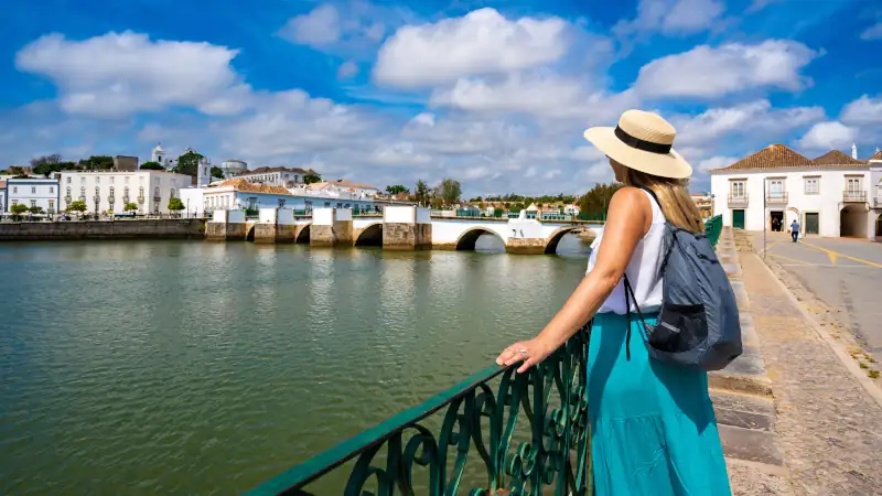 View of the Gilão River in Tavira, Portugal.