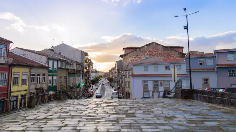 Stone path with sunset in the city of Braga