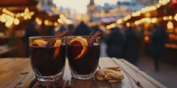 At a Christmas market illuminated at night in December, two glasses of hot mulled spicy wine with cookies.