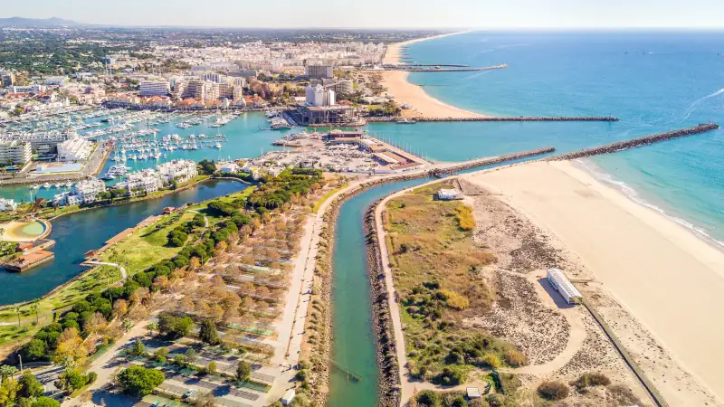 Aerial view of luxurious and touristic Vilamoura, Algarve, Portugal