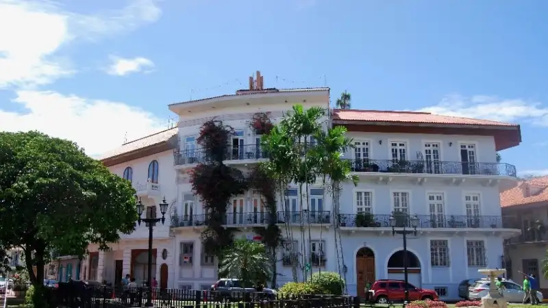 A white colonial-era building in Casco Viejo, Panama City