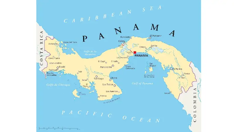 Political map of Panama showing major cities, provinces, neighboring countries (Costa Rica and Colombia), the Caribbean Sea, the Pacific Ocean, and the Gulf of Panama.