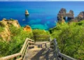 Wooden walkway to secret beach near Lagos on Ponta da Piedade. algarve region