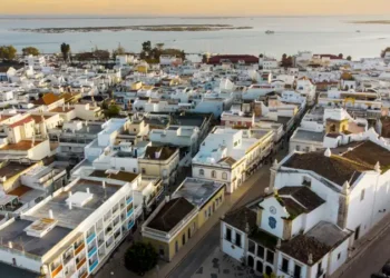 Aerial view of Olhao with a church in the foreground, Algarve, Portugal