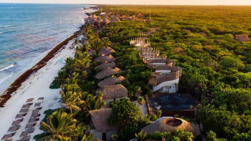 Aerial view of Tulum beach at sunset, Mexico