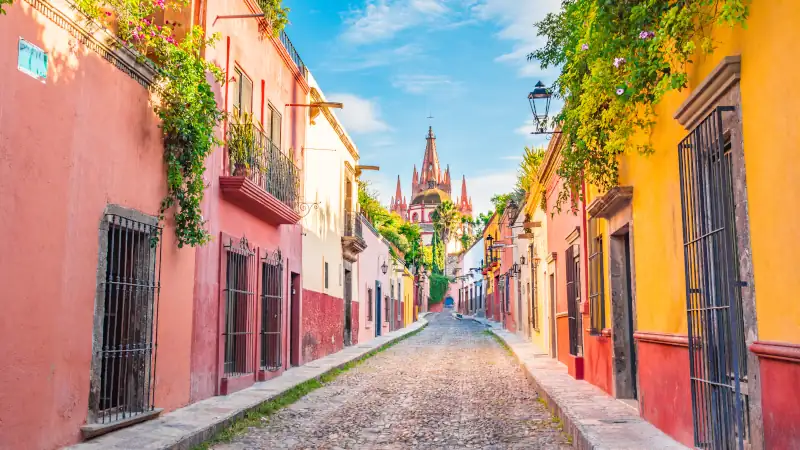 Beautiful streets and colorful facades of San Miguel de Allende in Guanajuato, Mexico