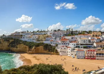 View of Carvoeiro at sunny spring day, Lagoa, Algarve, Portugal