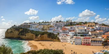 View of Carvoeiro at sunny spring day, Lagoa, Algarve, Portugal