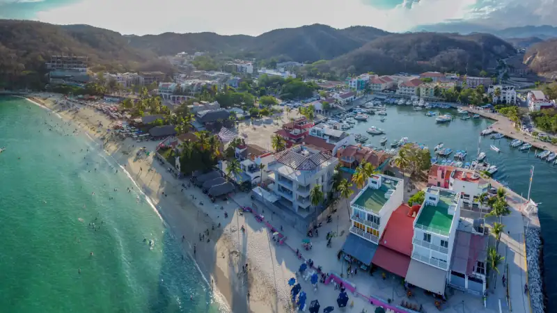 Drone view showing the panoramic layout of Huatulco, Mexico.