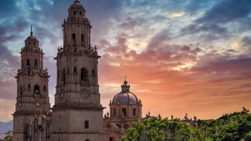 Mexico, Morelia, popular tourist destination Morelia Cathedral on Plaza de Armas in historic center.