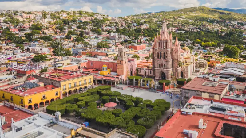 View of the cathedral in San Miguel de Allende, showcasing Spanish colonial architecture