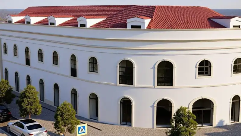 Curved white building with arched windows and red tile roof, featuring street-level commercial space and upper apartments