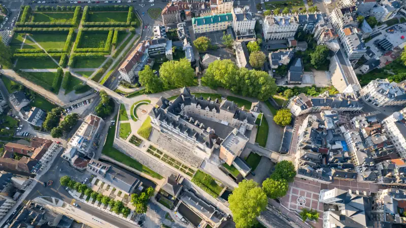 Aerial flyover view above Pau, France.