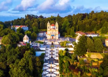 Aerial view of Bom Jesus do Monte Cathedral in Braga, Portugal during the evening