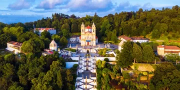 Aerial view of Bom Jesus do Monte Cathedral in Braga, Portugal during the evening