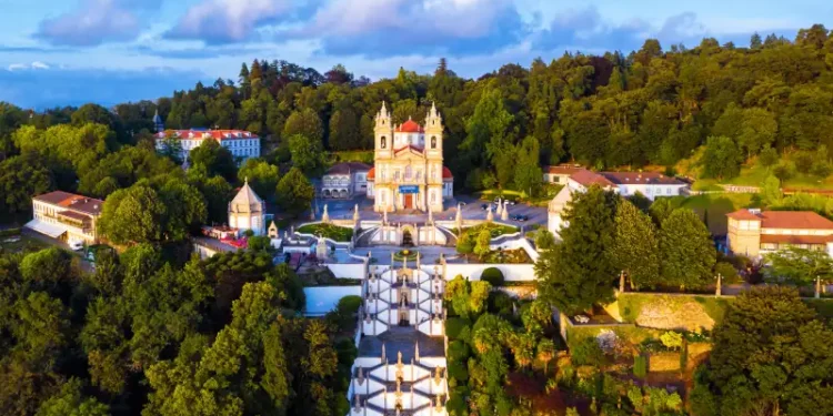 Aerial view of Bom Jesus do Monte Cathedral in Braga, Portugal during the evening