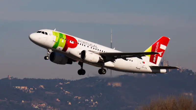 Air Portugal Airbus A319 taking off from Barcelona-El Prat Airport
