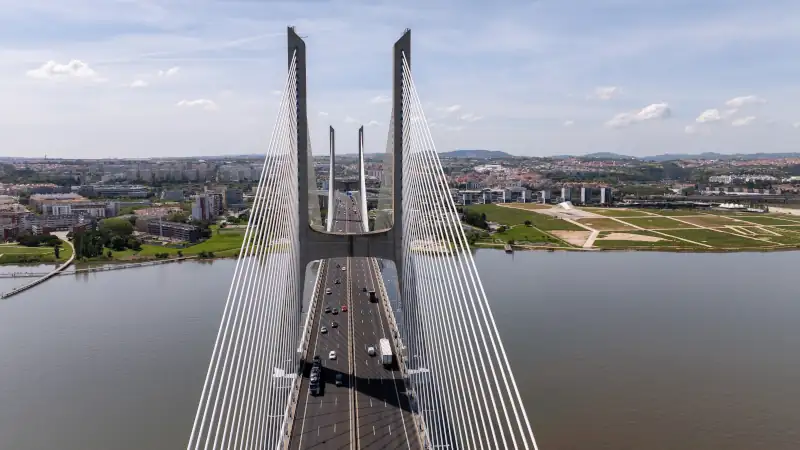 High angle view of cable stayed Vasco da Gama bridge over Tagus river in Lisbon city