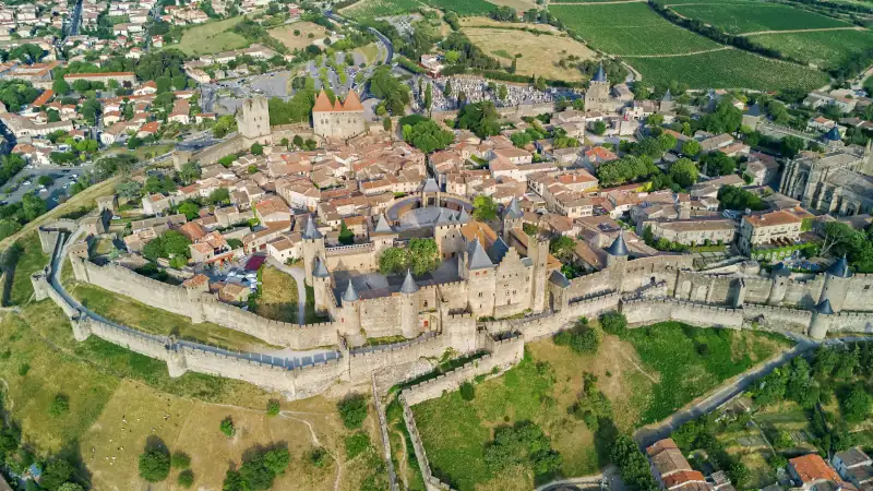 Panoramic view of Carcassonne medieval city and fortress castle.