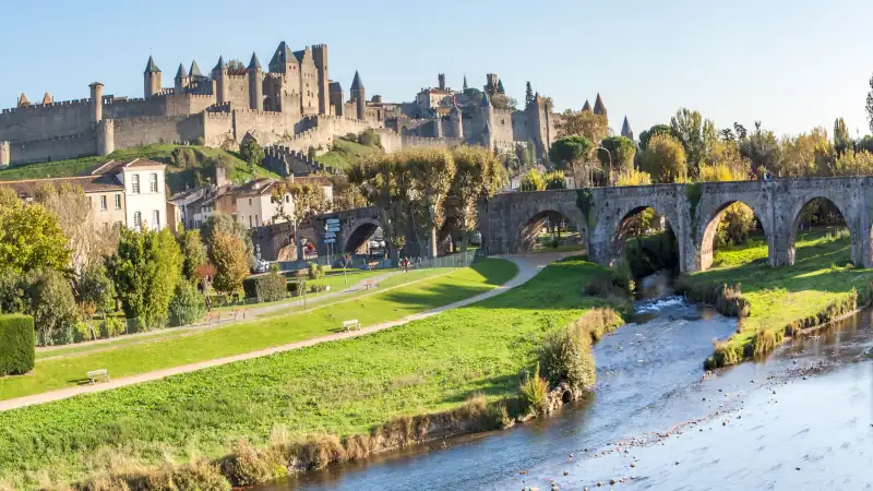 Medieval view of La Cité de Carcassonne fortress walls.