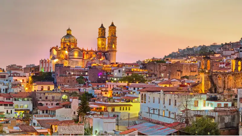 Panorama of Taxco city at sunset, Mexico