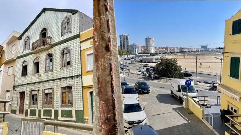Historic tiled building facade and nearby beachfront street with parked cars and city skyline