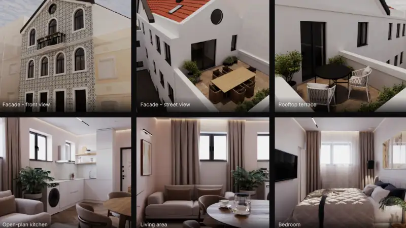 Renovated apartment building with tiled facade, rooftop terrace, and modern interiors including kitchen, living room, and bedroom