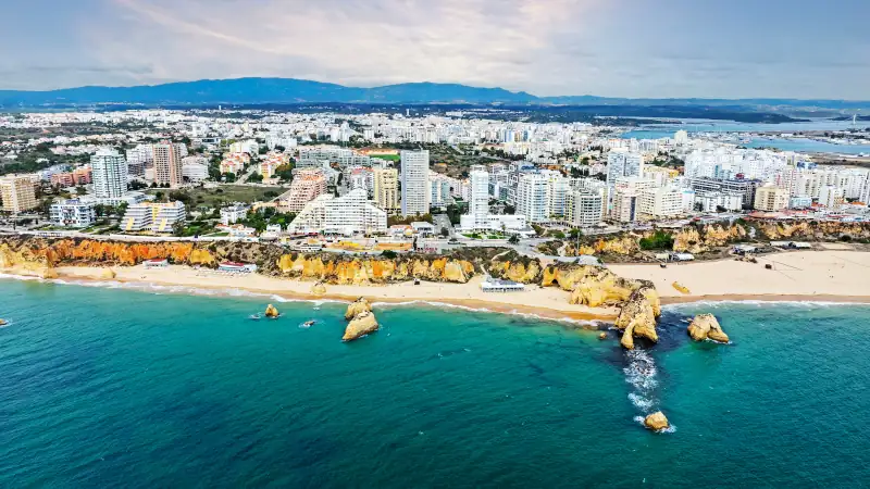 Aerial from Praia Da Rocha and Portimao in the Algarve Portugal