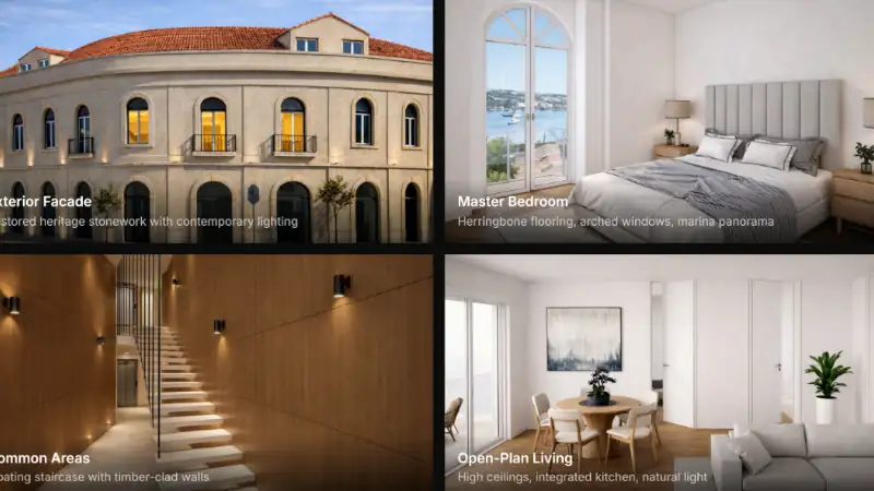 Apartment development showcasing exterior facade, master bedroom, staircase, and open-plan living interiors