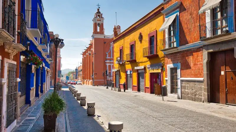 Historic streets and architecture in Puebla, Mexico.