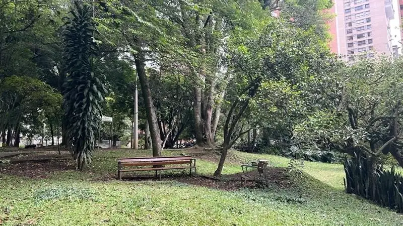 A quiet park with benches surrounded by trees and greenery, with buildings visible in the background.