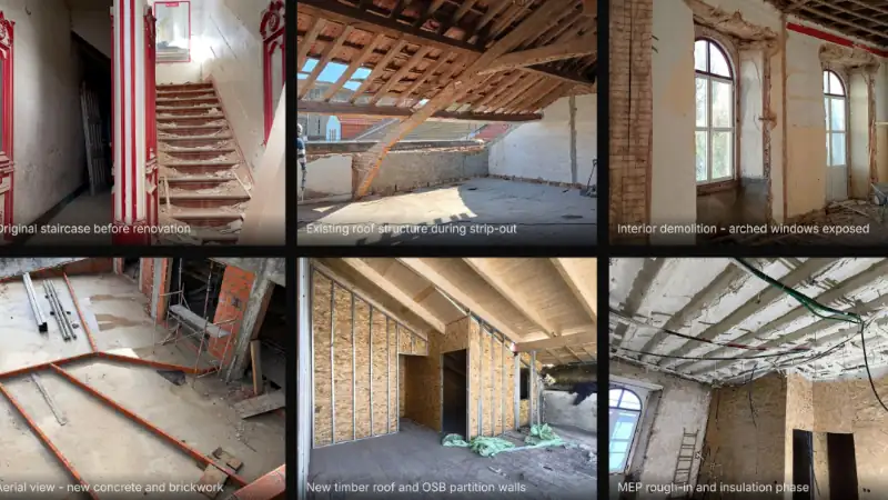 Interior renovation process showing demolition, new structure, and installation phases in a multi-stage building remodel