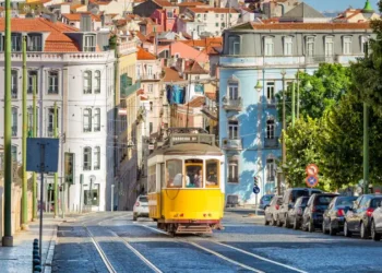 tram on line 28 in lisbon, portugal