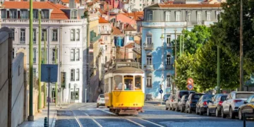 tram on line 28 in lisbon, portugal