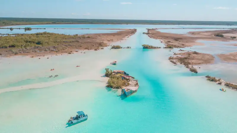 Aerial view of Bacalar Lagoon, near Cancun, in Riviera Maya, Mexico