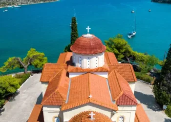 Ancient Epidaurus, Church of Agios Nikolaos and the beach, Peloponnese, Greece, Europe