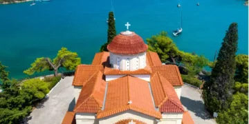 Ancient Epidaurus, Church of Agios Nikolaos and the beach, Peloponnese, Greece, Europe