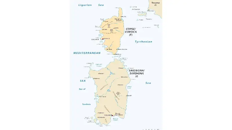 Map showing the Mediterranean islands of Corsica and Sardinia, including major cities, coastlines, and surrounding seas.