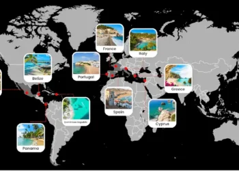 A global map highlighting popular beach destinations across Europe and the Americas, including Mexico, Belize, Panama, Dominican Republic, Portugal, Spain, France, Italy, Greece, and Cyprus, with image markers connected by travel routes.