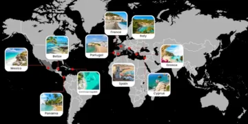 A global map highlighting popular beach destinations across Europe and the Americas, including Mexico, Belize, Panama, Dominican Republic, Portugal, Spain, France, Italy, Greece, and Cyprus, with image markers connected by travel routes.