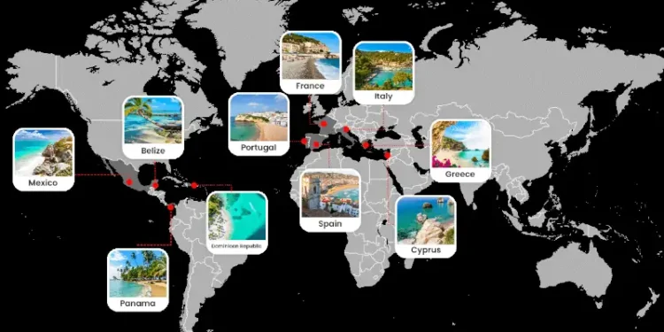 A global map highlighting popular beach destinations across Europe and the Americas, including Mexico, Belize, Panama, Dominican Republic, Portugal, Spain, France, Italy, Greece, and Cyprus, with image markers connected by travel routes.