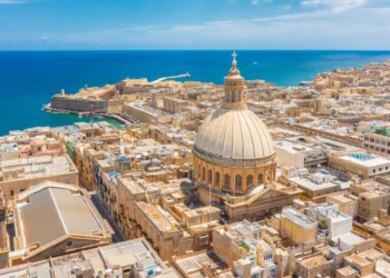 Aerial view of Lady of Mount Carmel church, St.Paul's Cathedral in Valletta city, Malta.