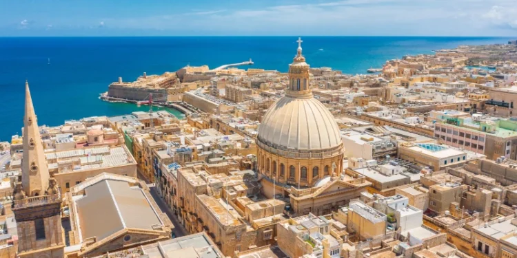 Aerial view of Lady of Mount Carmel church, St.Paul's Cathedral in Valletta city, Malta.