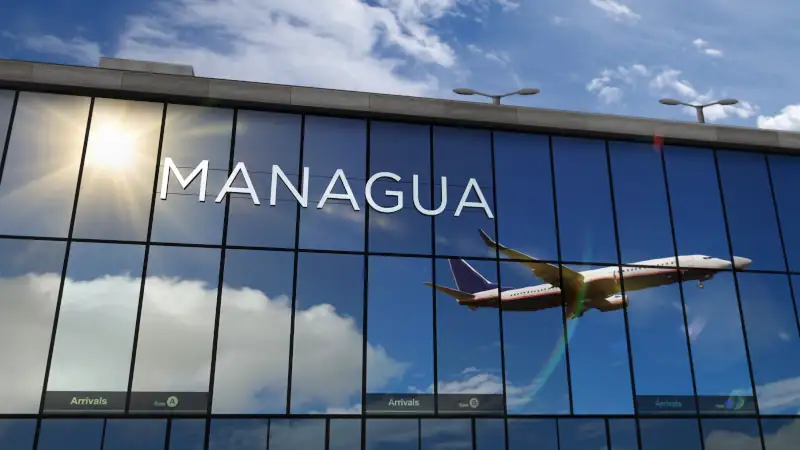 Airplane landing at Managua International Airport, Nicaragua.