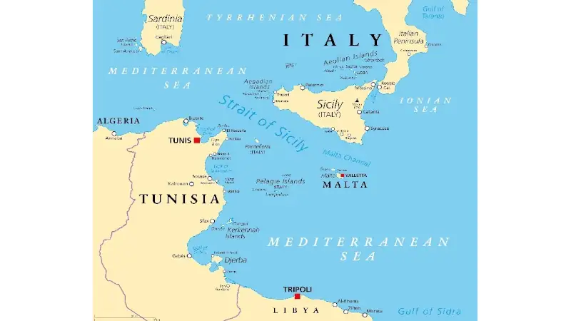 Political map showing Tunisia and the central Mediterranean, including Sicily, Malta, Libya, and the Strait of Sicily.