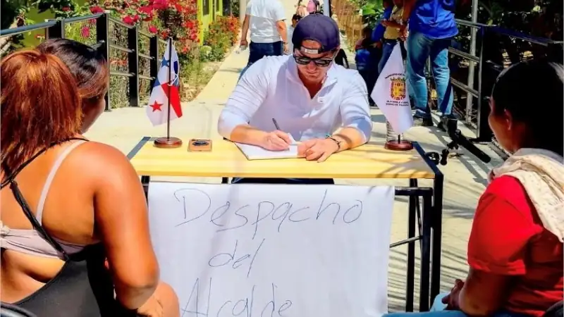 Mayor Mayer at his portable desk.